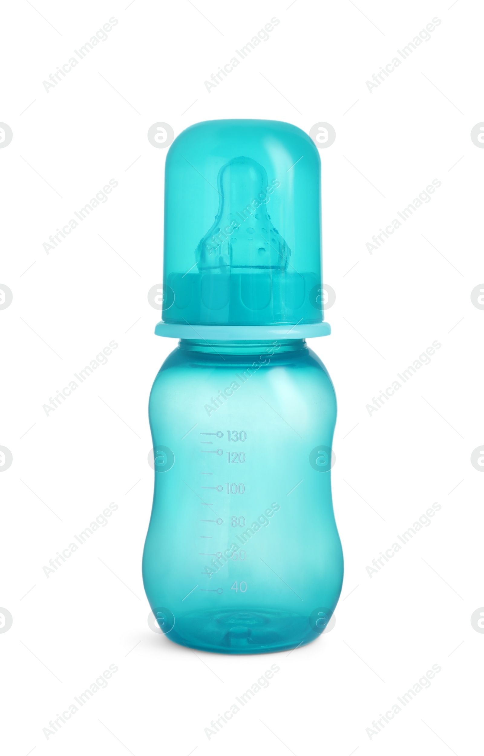 Photo of Empty turquoise feeding bottle for baby milk isolated on white