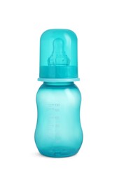 Empty turquoise feeding bottle for baby milk isolated on white