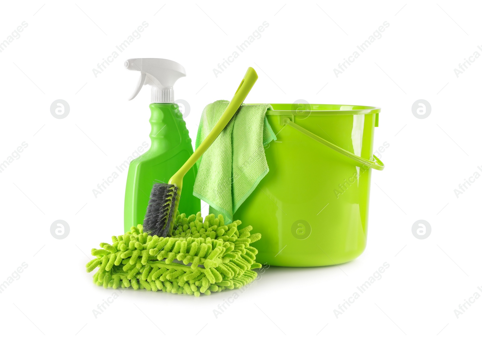 Photo of Plastic bucket with different cleaning supplies isolated on white