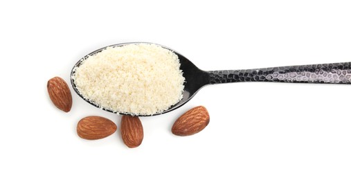 Photo of Spoon of almond flour and nuts on white background, top view