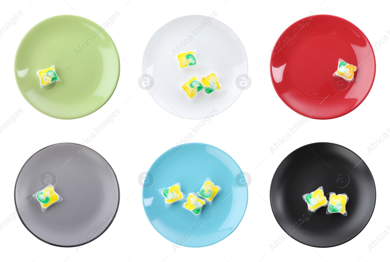 Image of Clean plates with dishwasher detergent gel capsules on white background, top view. Collage