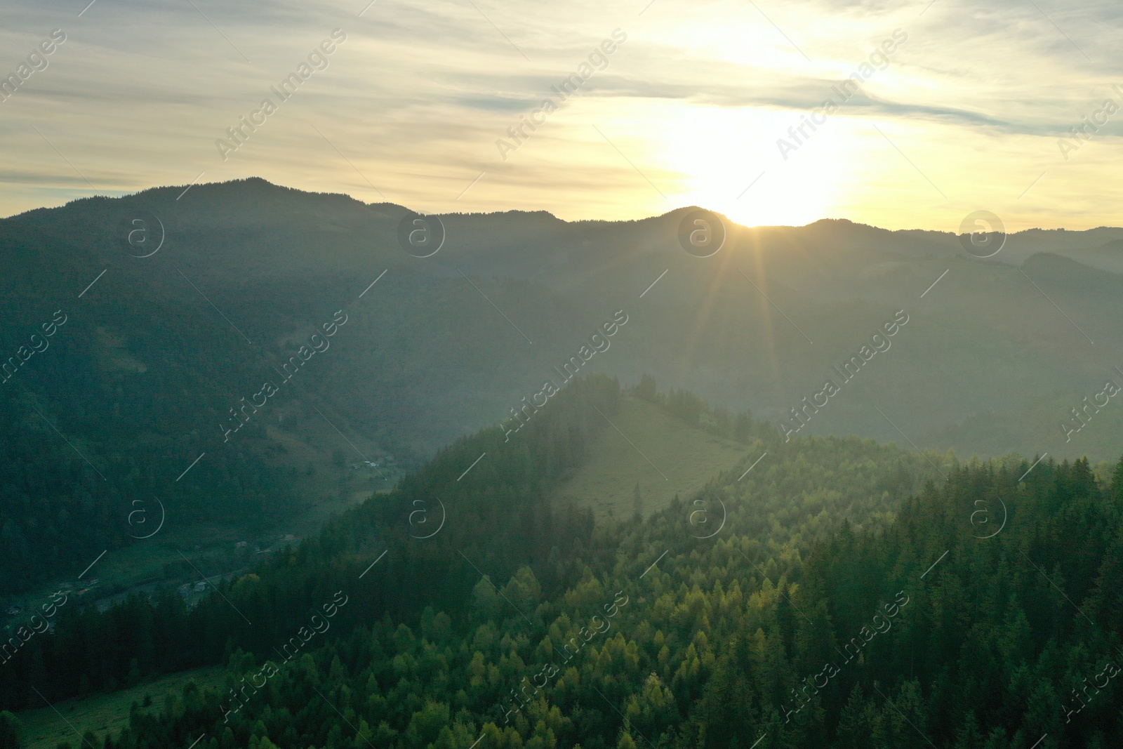 Photo of Aerial view of beautiful mountain landscape with green trees at sunrise