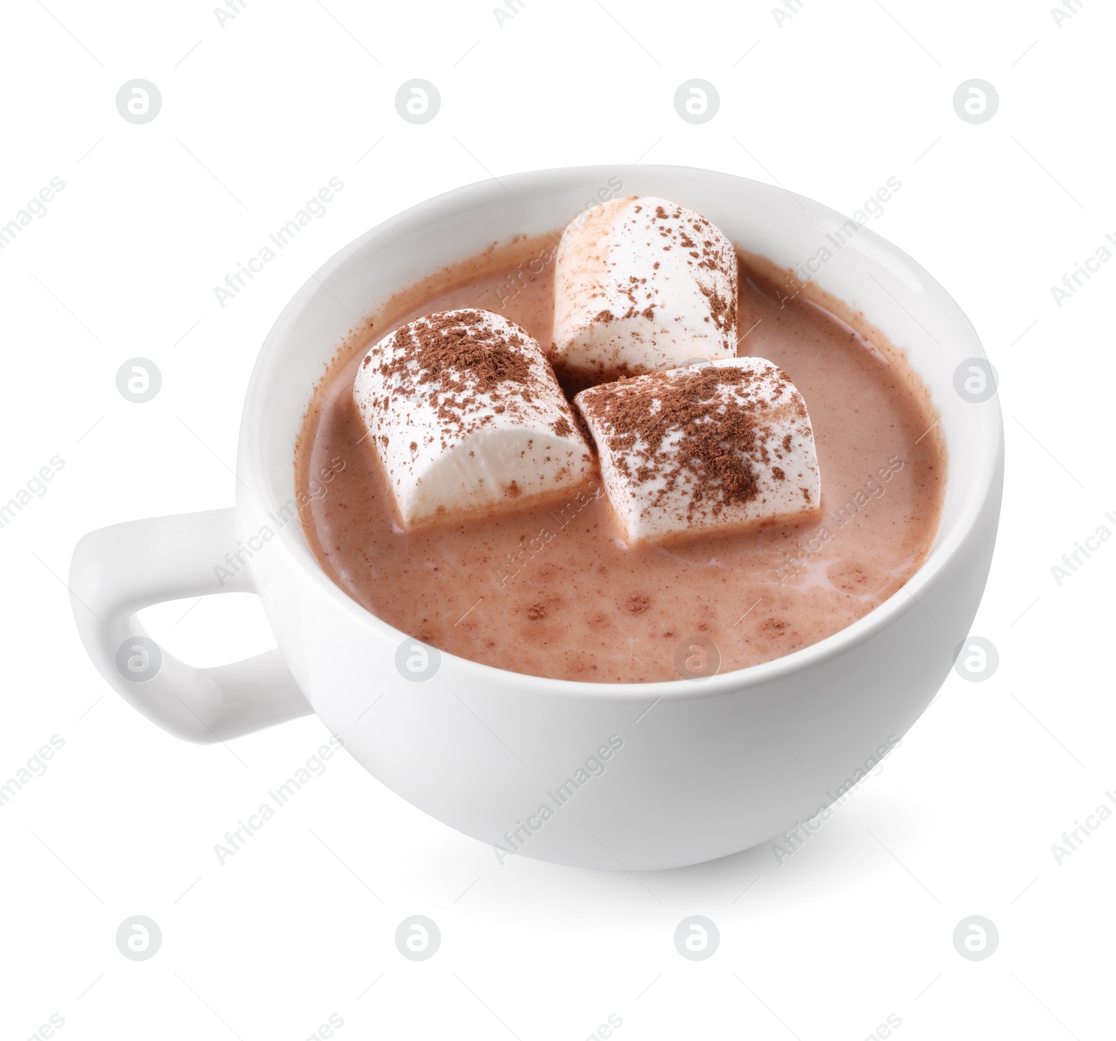 Photo of Cup of aromatic hot chocolate with marshmallows and cocoa powder isolated on white