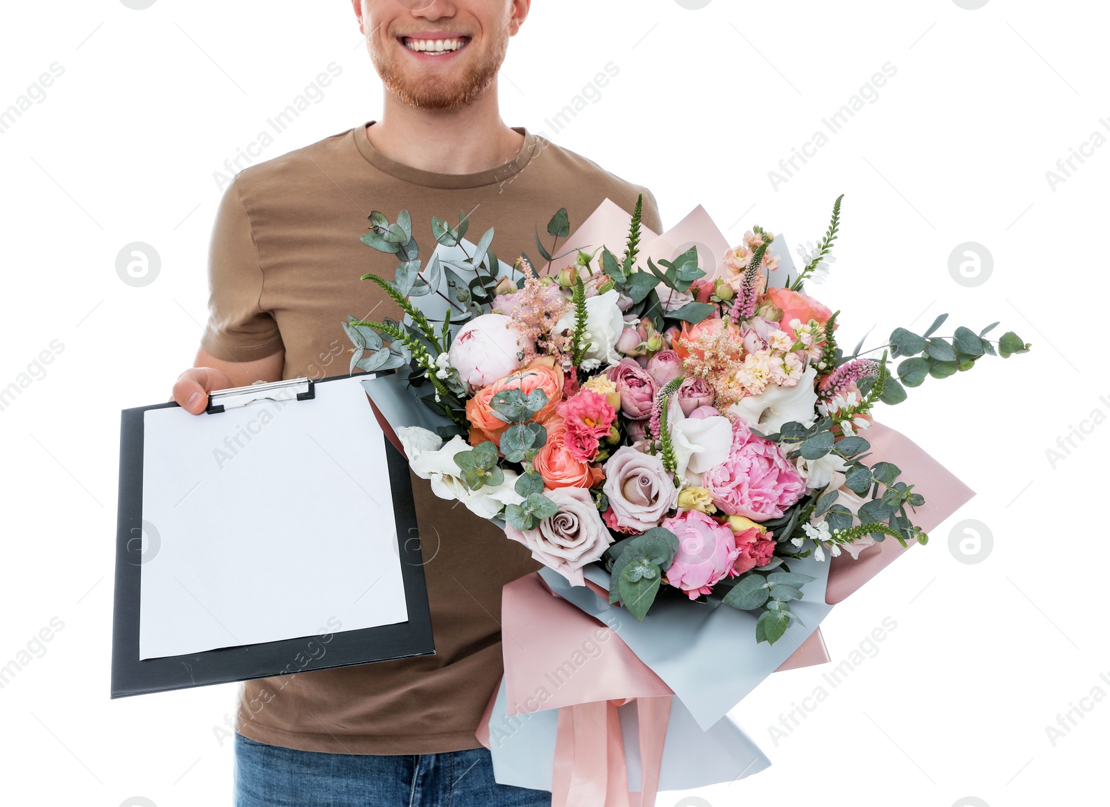 Photo of Delivery man with beautiful flower bouquet isolated on white, closeup
