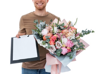 Delivery man with beautiful flower bouquet isolated on white, closeup