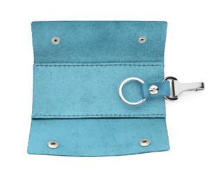 Photo of Stylish leather key holder isolated on white, top view