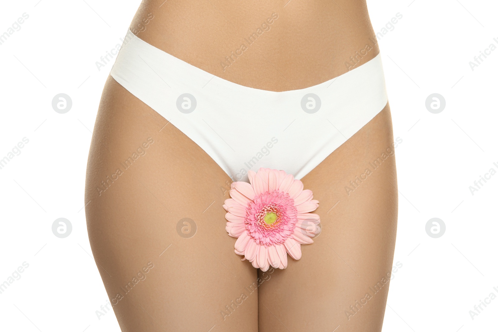 Photo of Gynecology. Woman in underwear with gerbera flower on white background, closeup