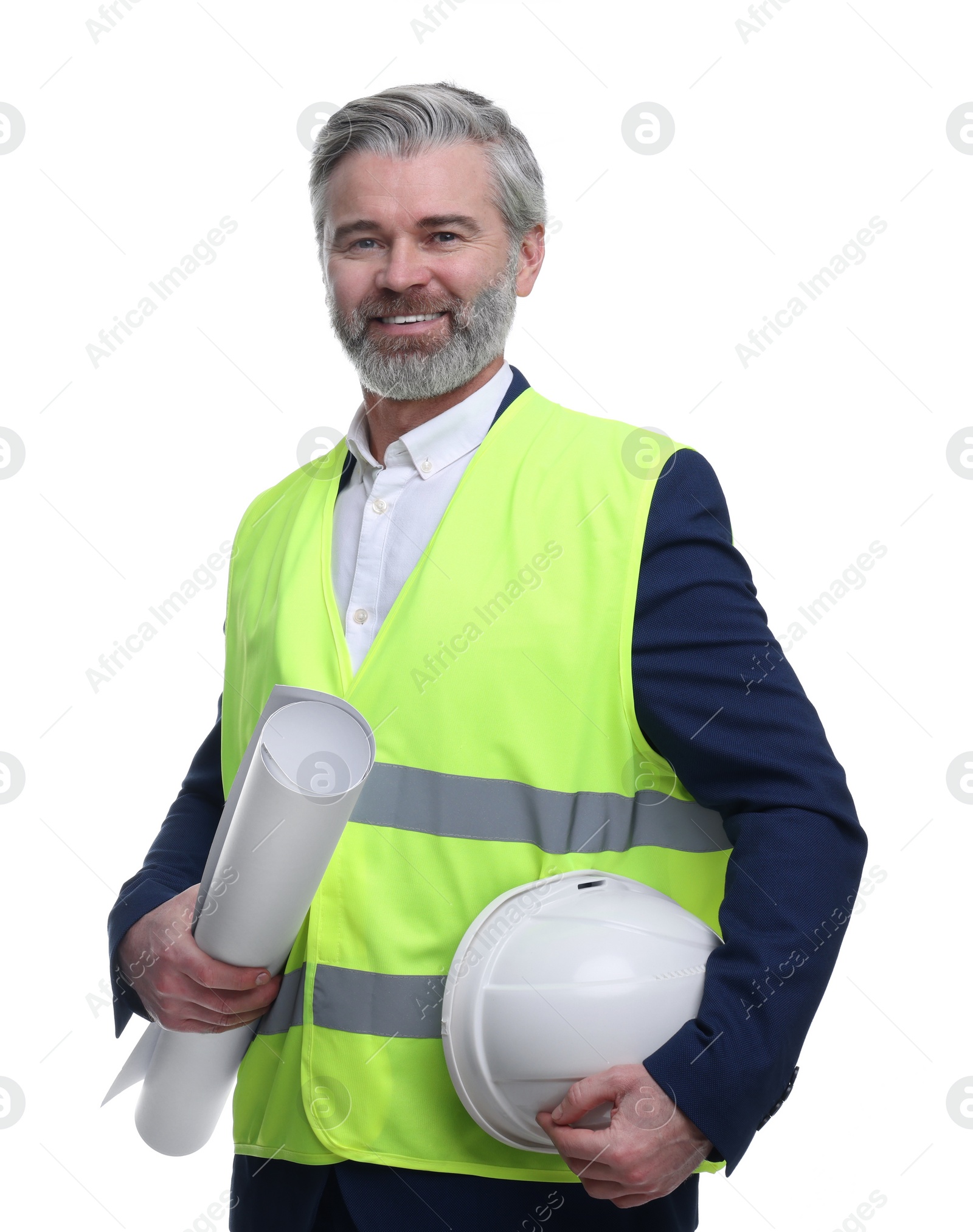 Photo of Architect with hard hat and draft on white background