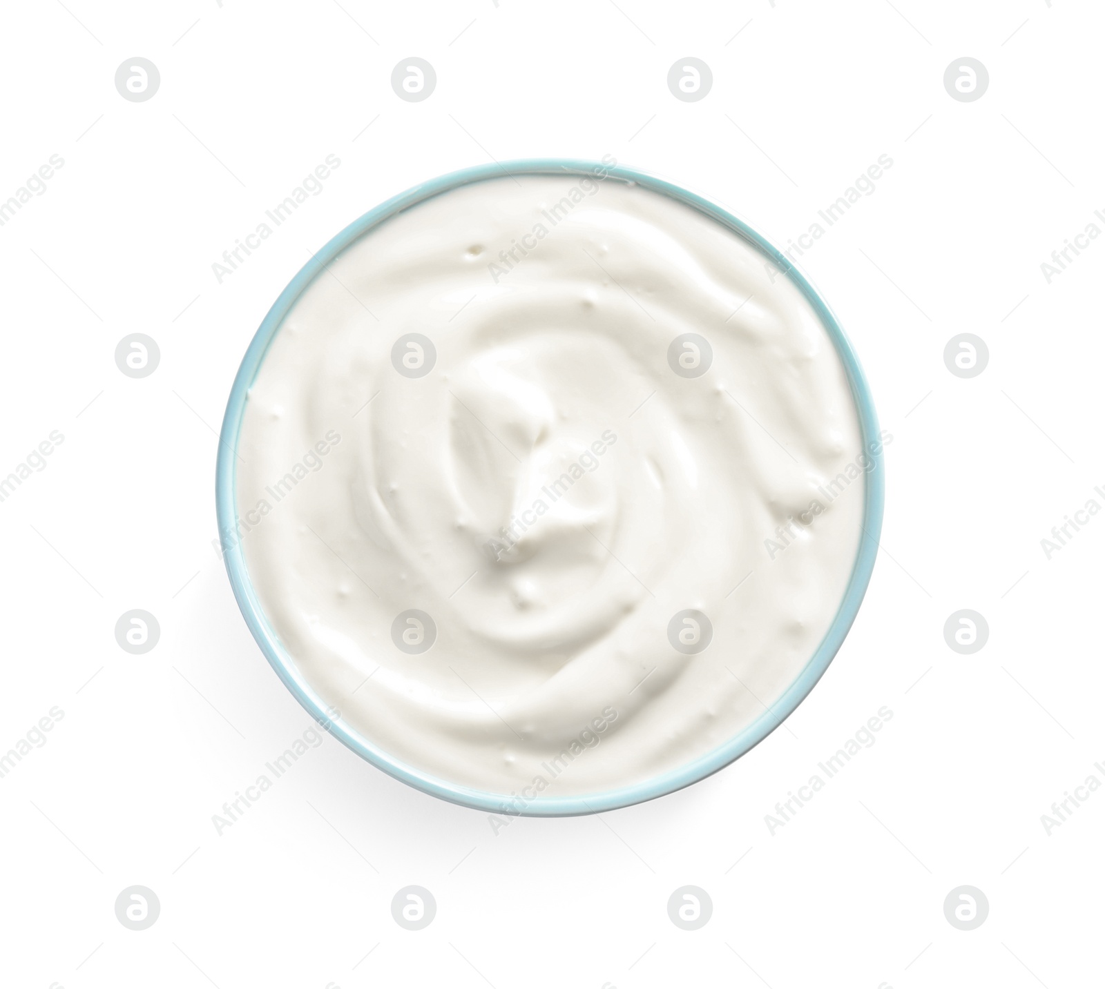 Photo of Bowl with creamy yogurt on white background, top view