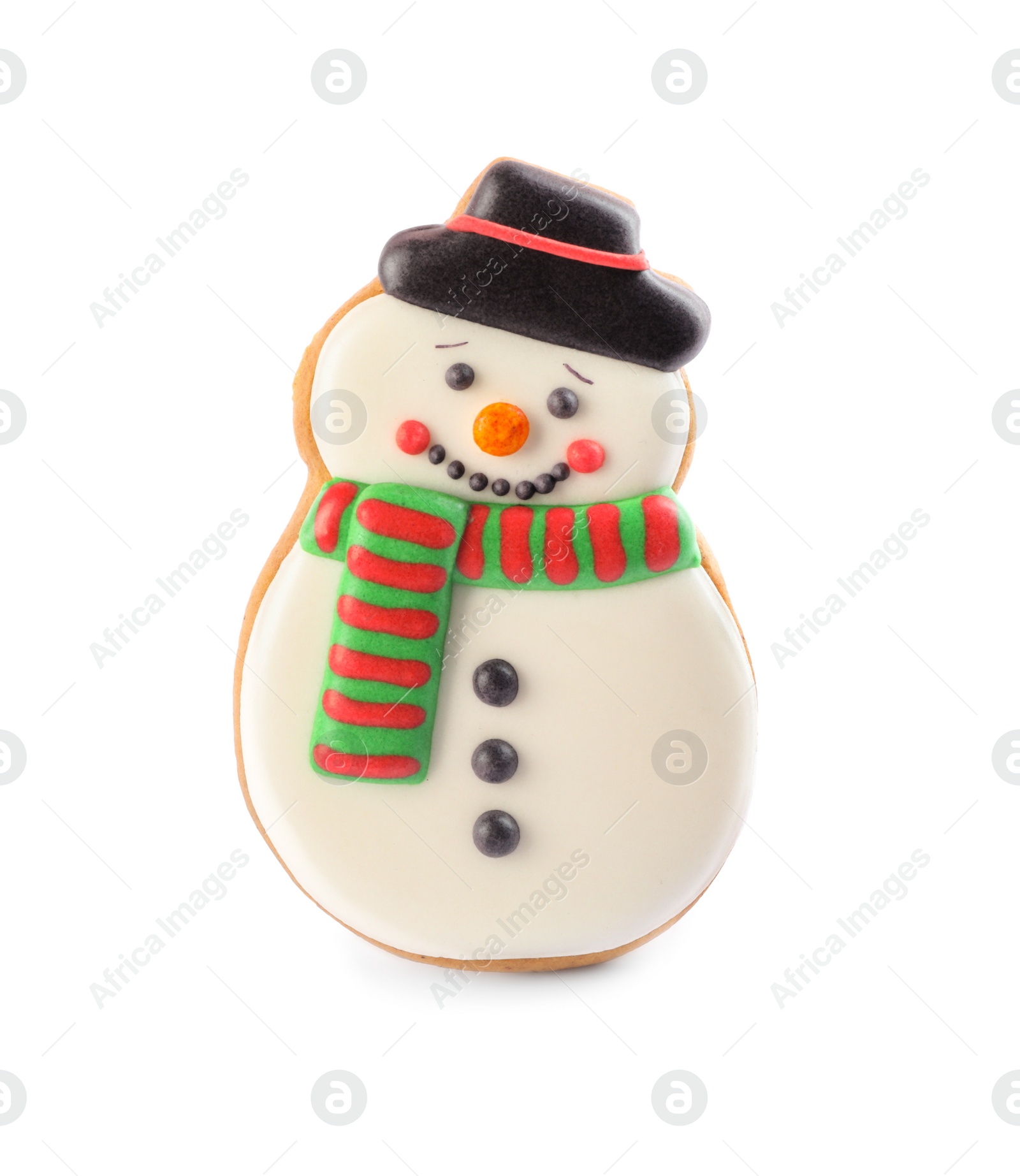 Photo of Snowman shaped Christmas cookie isolated on white