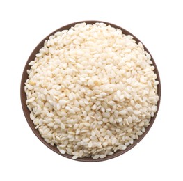 Photo of Sesame seeds in bowl on white background, top view