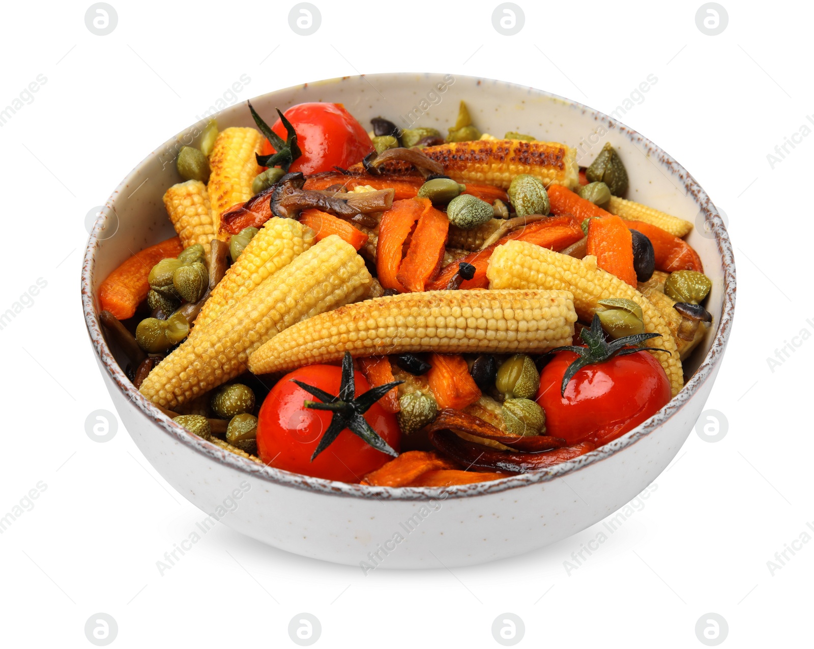 Photo of Tasty roasted baby corn with tomatoes and capers isolated on white