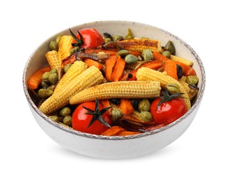 Photo of Tasty roasted baby corn with tomatoes and capers isolated on white