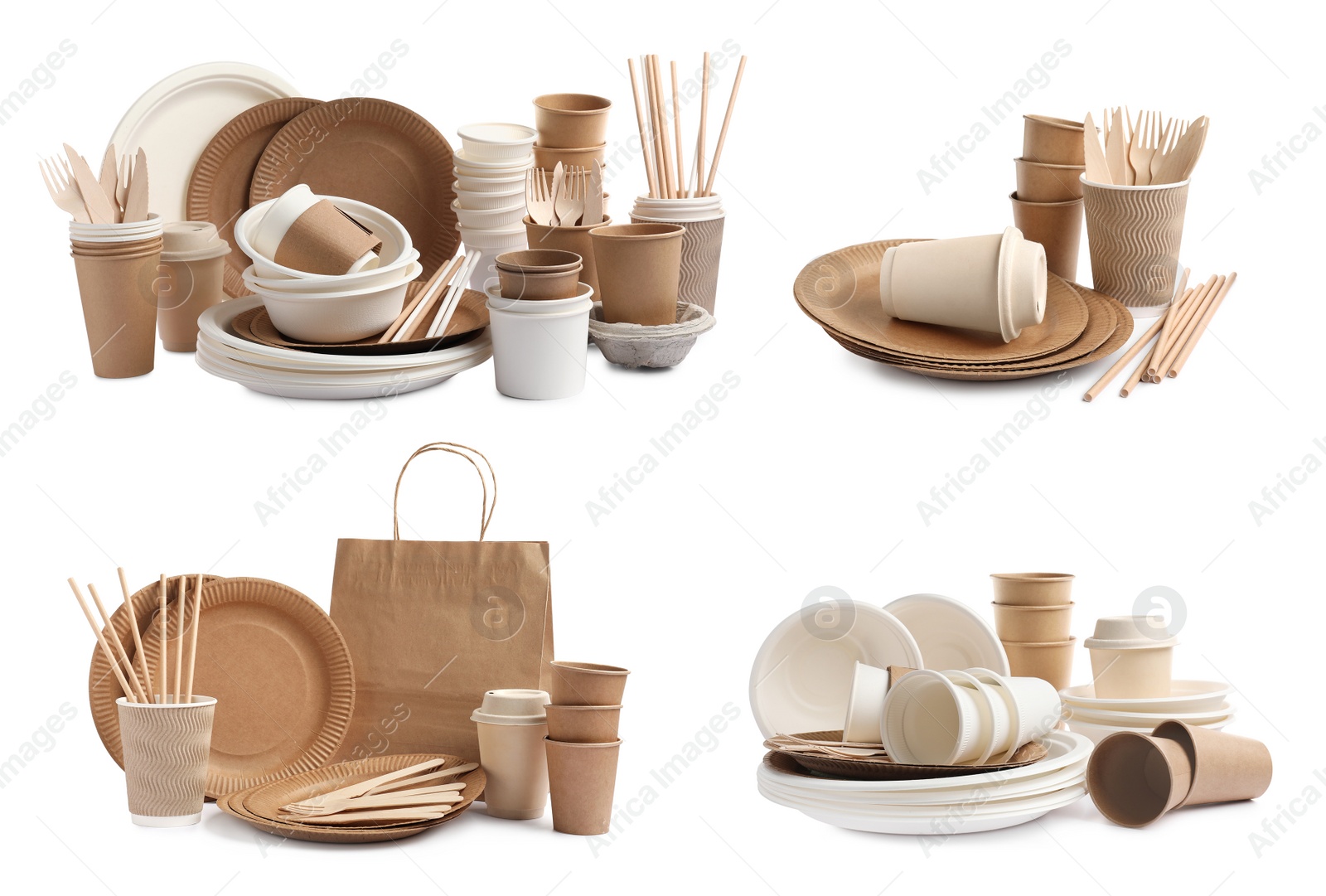 Image of Set with disposable tableware on white background