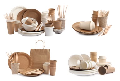 Image of Set with disposable tableware on white background