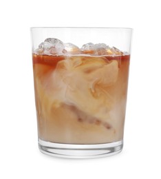 Photo of Glass of fresh iced coffee isolated on white