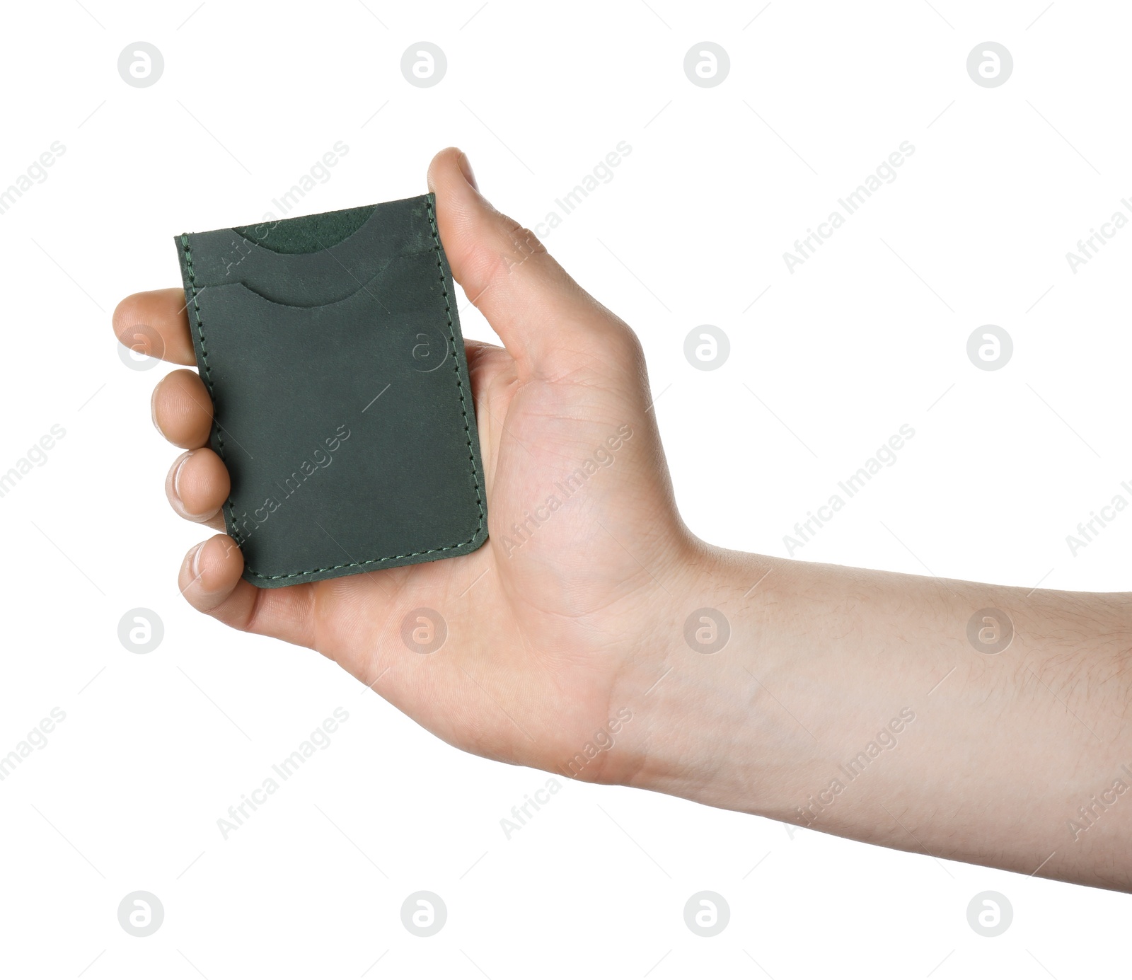 Photo of Man holding leather business card holder on white background, closeup