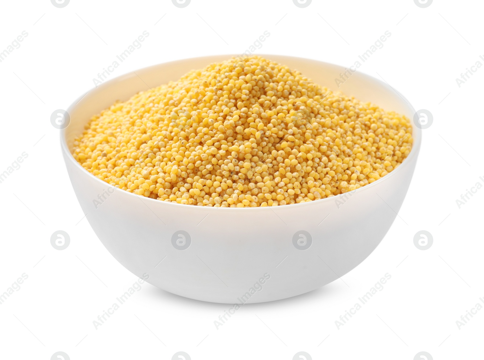 Photo of Dry millet seeds in bowl isolated on white