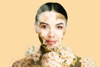 Image of Double exposure of beautiful woman and blooming flowers on beige background