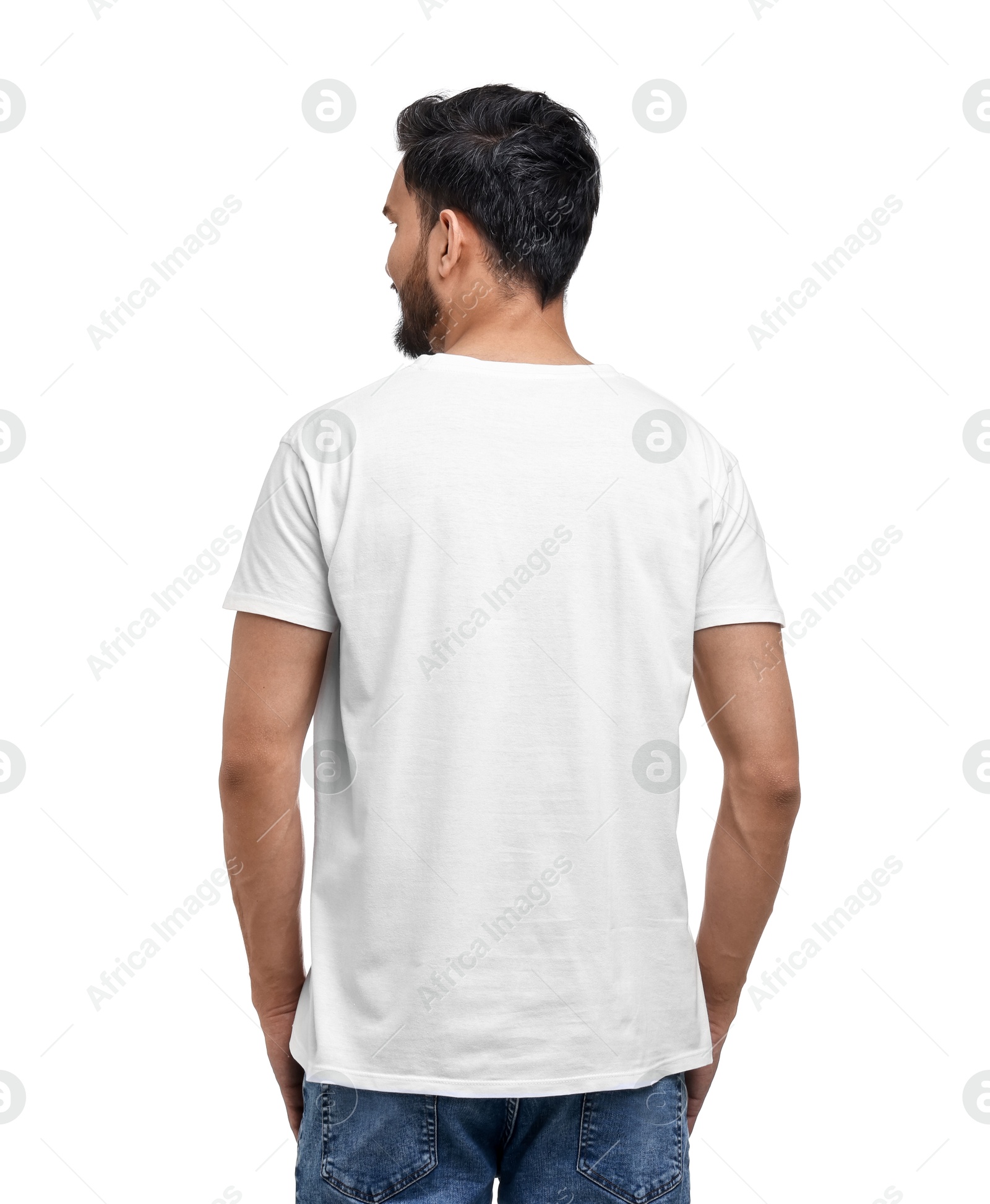Photo of Man in t-shirt on white background, back view