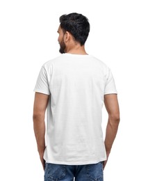 Man in t-shirt on white background, back view