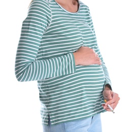 Photo of Young pregnant woman smoking cigarette on white background, closeup. Harm to unborn baby
