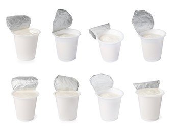 Image of Set with delicious organic yogurts on white background
