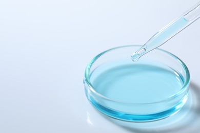 Photo of Dripping liquid from pipette into petri dish at white table, closeup. Space for text