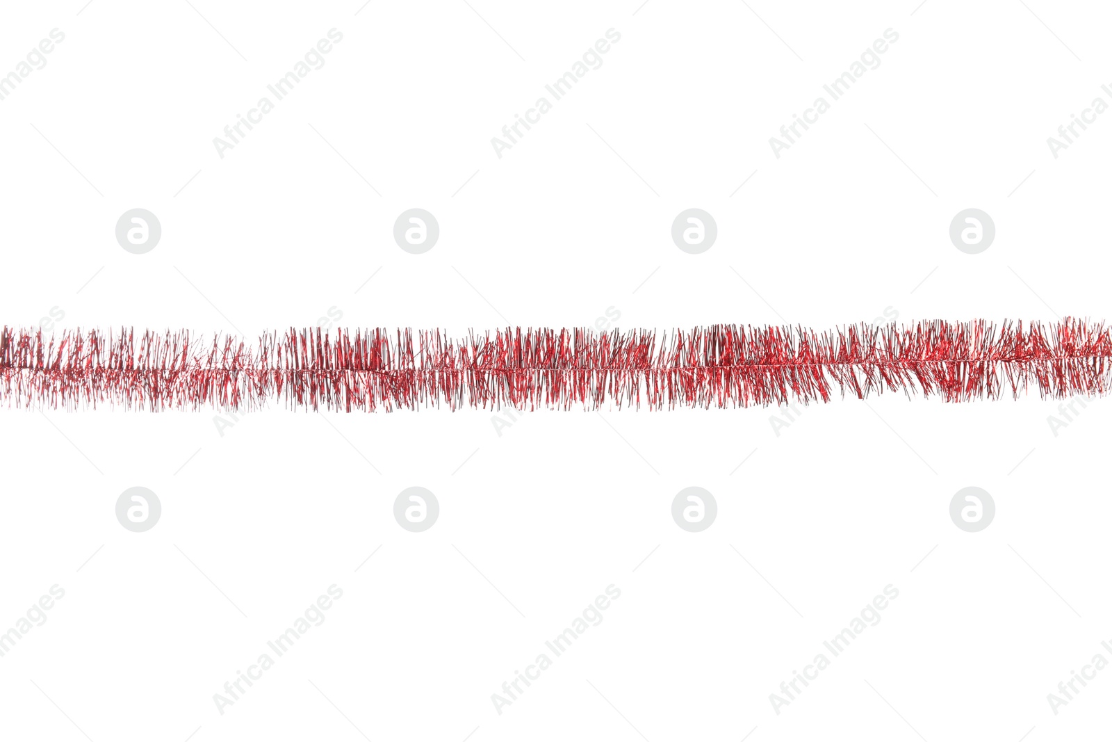 Photo of Shiny red tinsel isolated on white. Christmas decoration