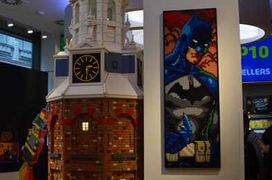 AMSTERDAM, NETHERLANDS - JULY 16, 2022: Building and picture of Batman made with colorful Lego constructor indoors