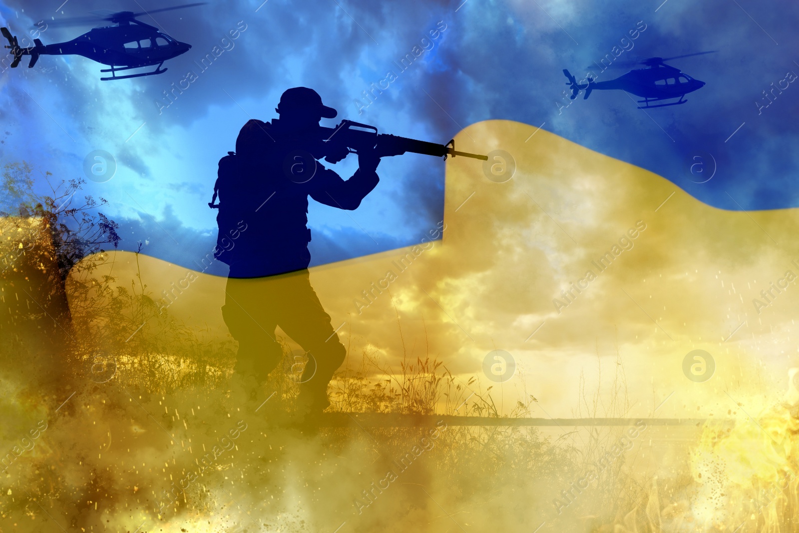 Image of Silhouette of soldier and Ukrainian national flag, double exposure