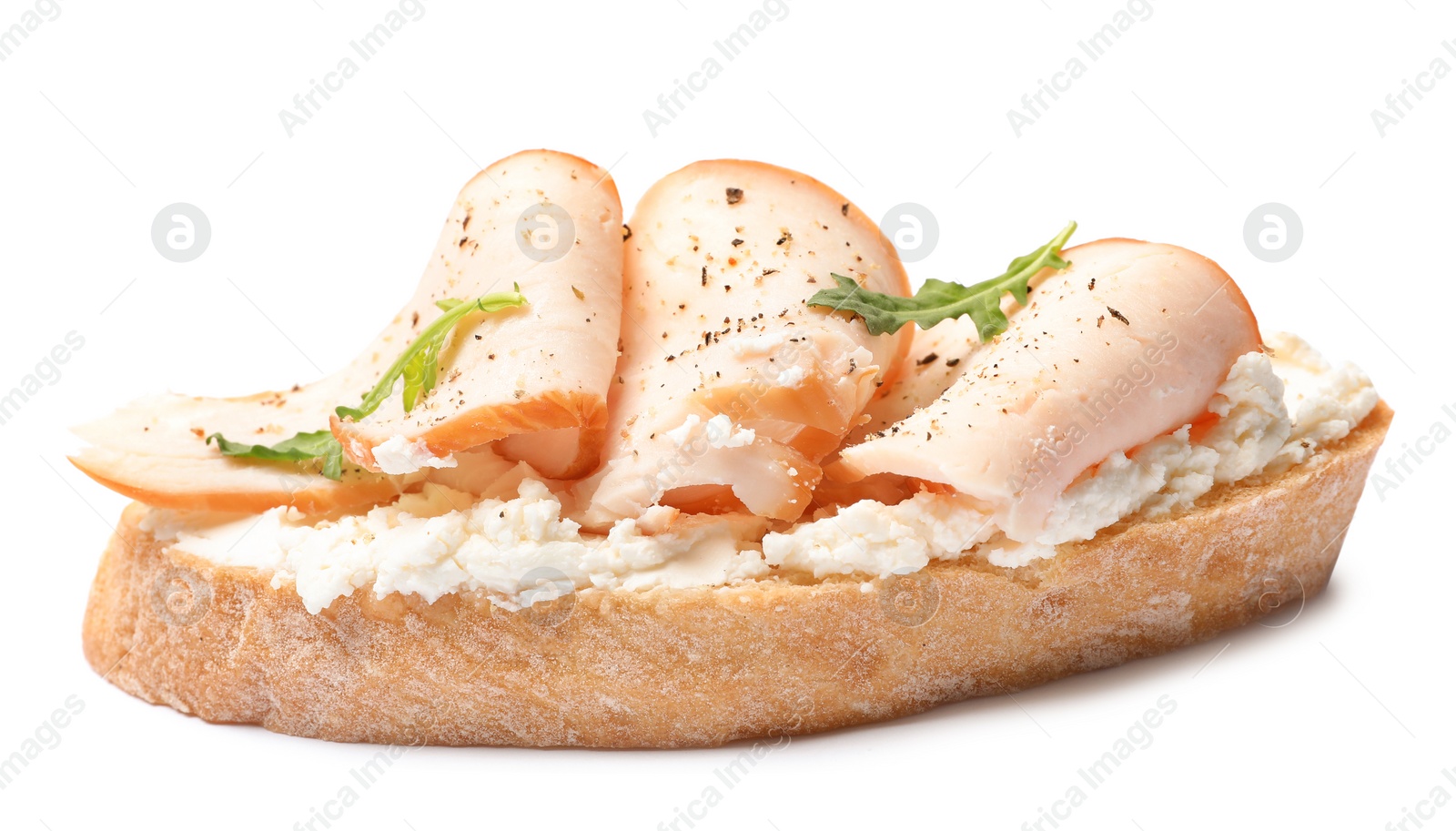 Photo of Delicious chicken bruschetta on white background. Traditional Italian antipasto