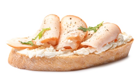 Delicious chicken bruschetta on white background. Traditional Italian antipasto