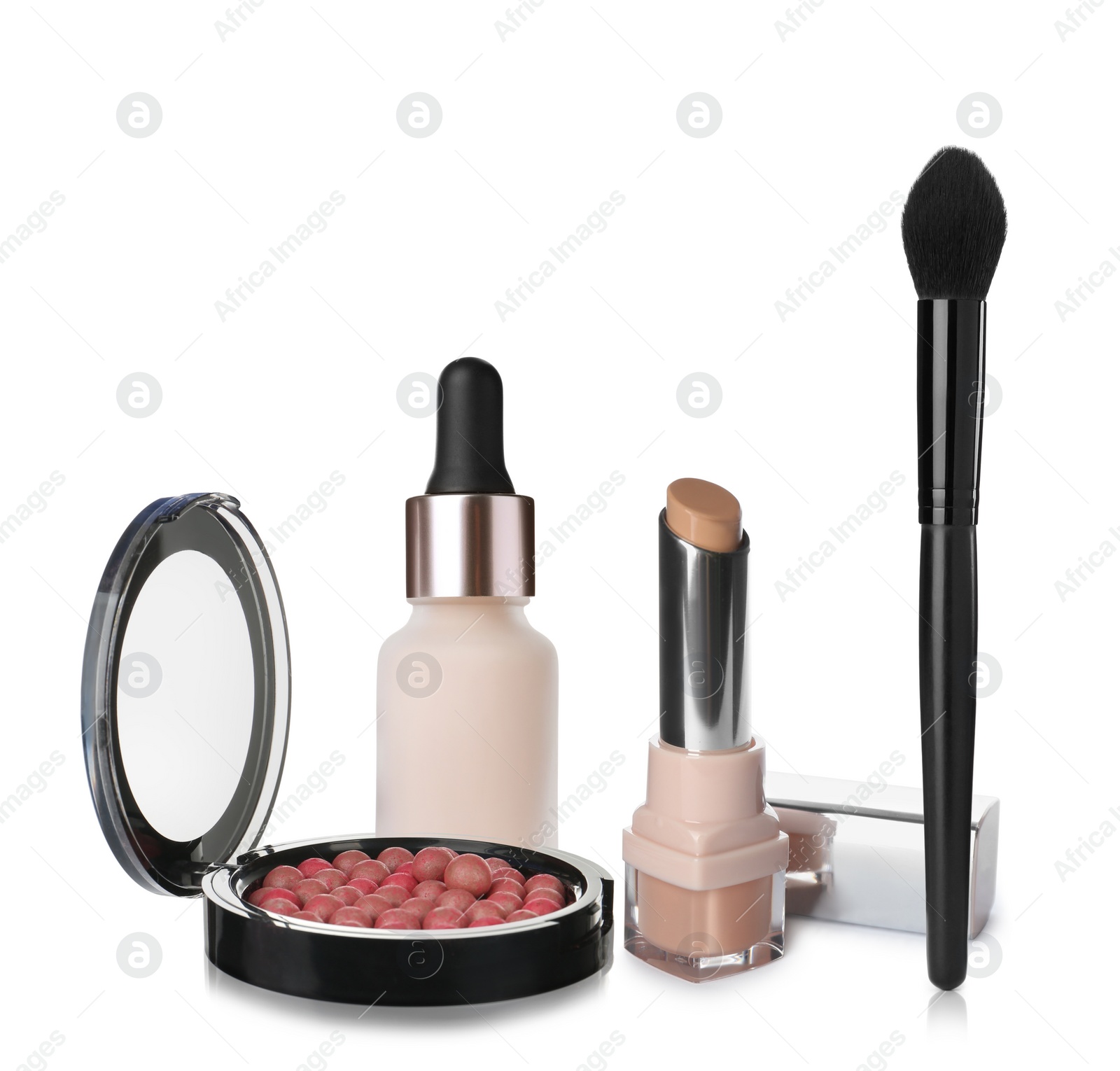 Image of Set with different decorative cosmetics on white background. Luxurious makeup products 