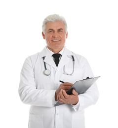 Photo of Portrait of male doctor with clipboard isolated on white. Medical staff