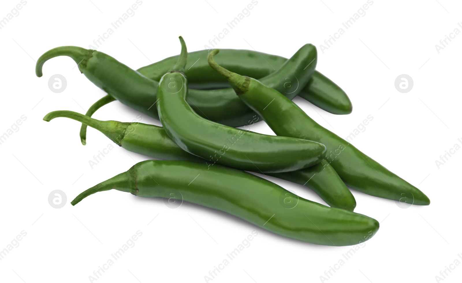 Photo of Green hot chili peppers on white background