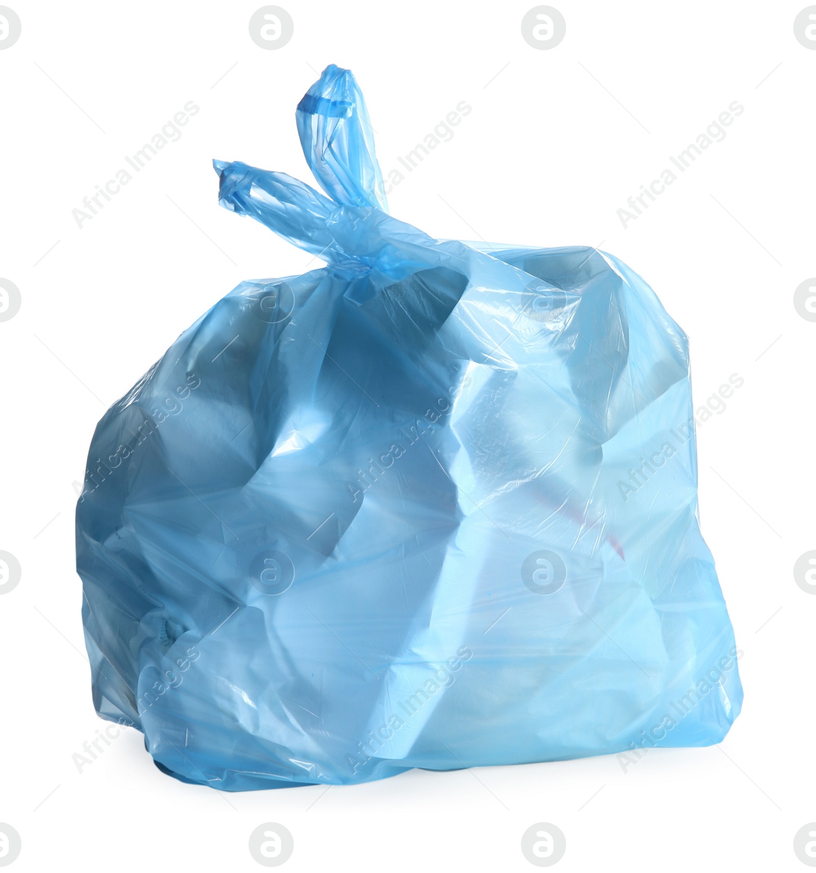 Photo of Blue trash bag full of garbage isolated on white