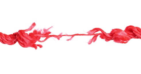 Photo of Rupture of red climbing rope on white background