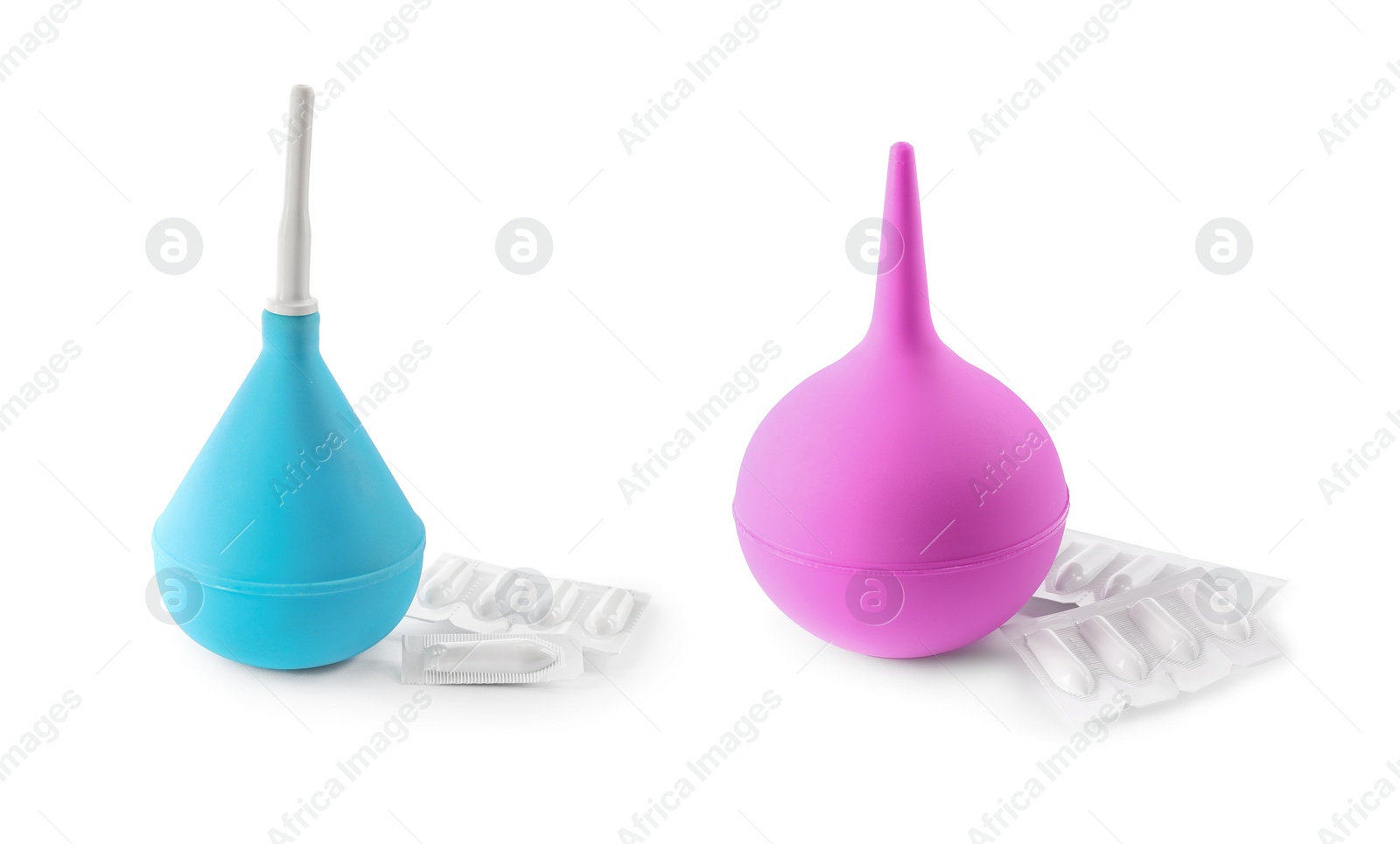 Image of Different enemas and suppositories on white background 