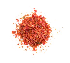 Photo of Aromatic spice. Pile of red chili pepper flakes isolated on white, top view