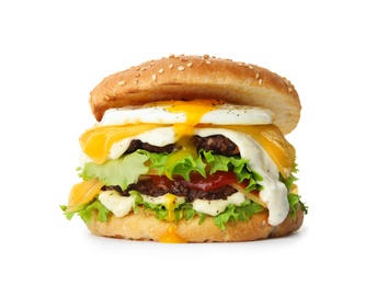 Photo of Tasty burger with fried egg on white background