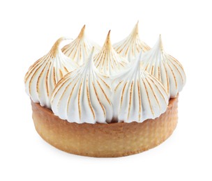 Photo of Tartlet with meringue isolated on white. Tasty dessert