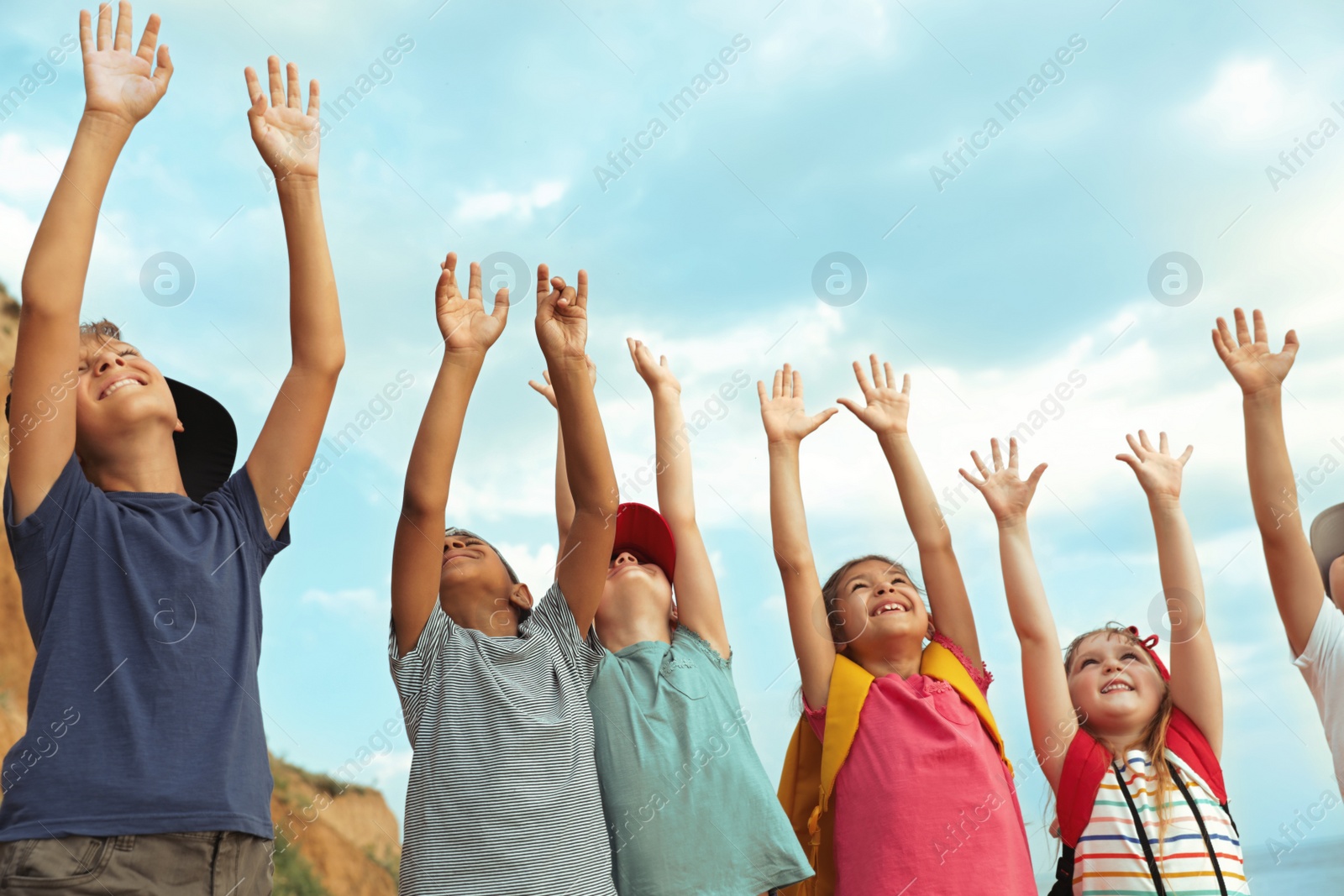 Image of Happy little children outdoors on sunny day. Camping trip