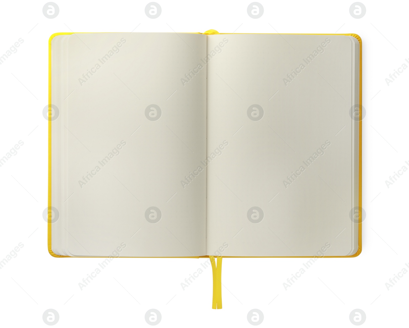 Photo of Open blank yellow notebook isolated on white