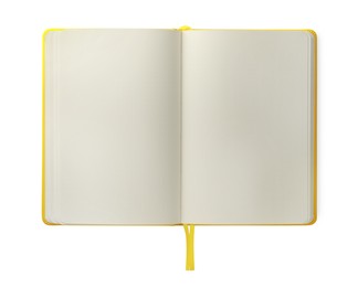 Photo of Open blank yellow notebook isolated on white