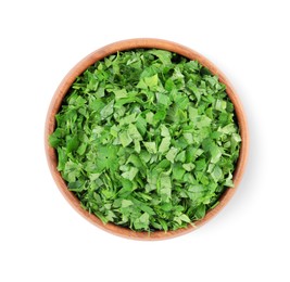 Photo of Chopped parsley leaves in wooden bowl isolated on white, top view