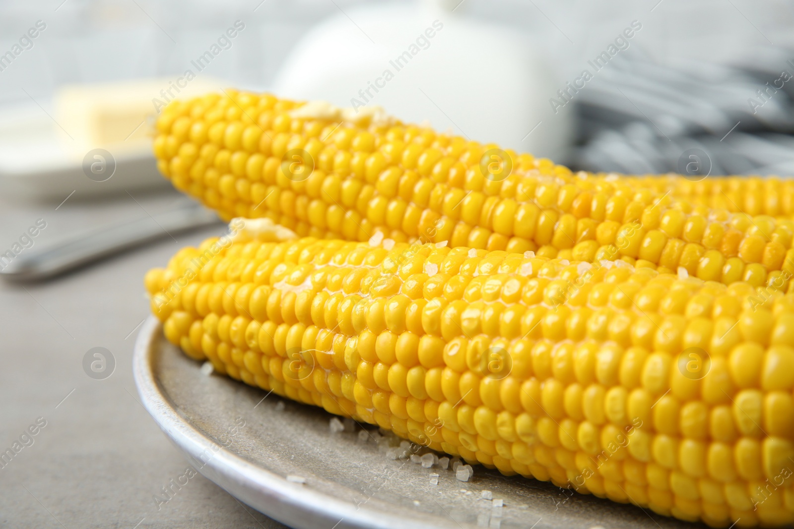 Photo of Plate of tasty boiled corn cobs with butter and salt on light grey table, closeup