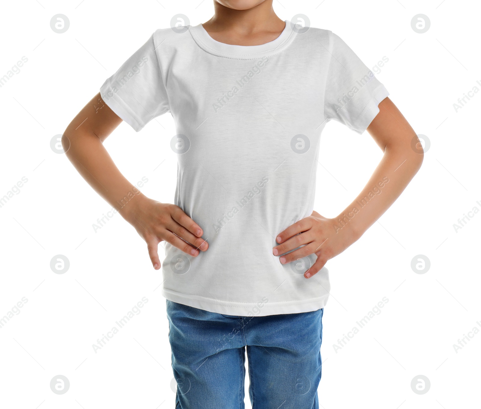 Photo of Little girl in t-shirt on white background. Mockup for design