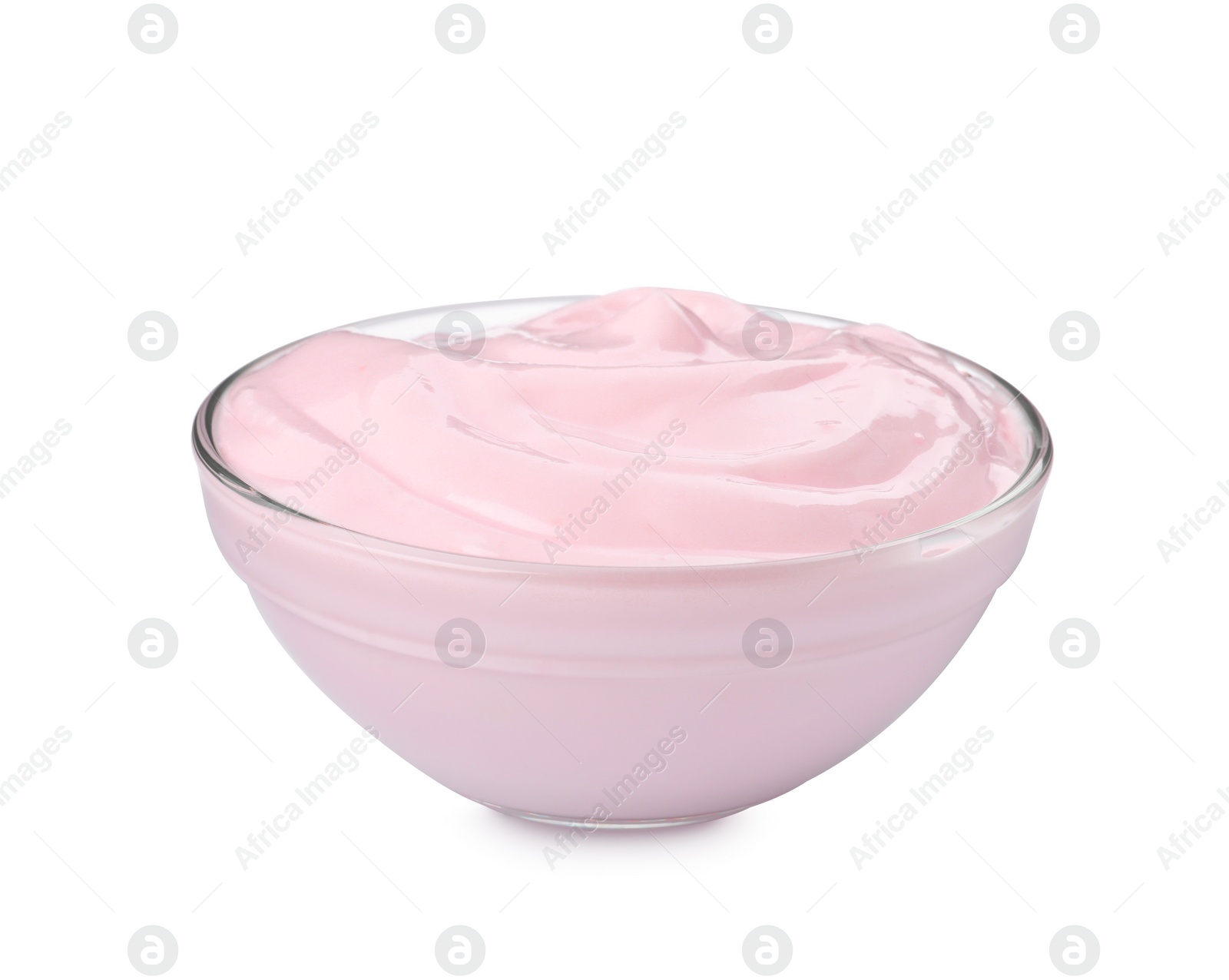 Photo of Bowl with delicious organic yogurt isolated on white