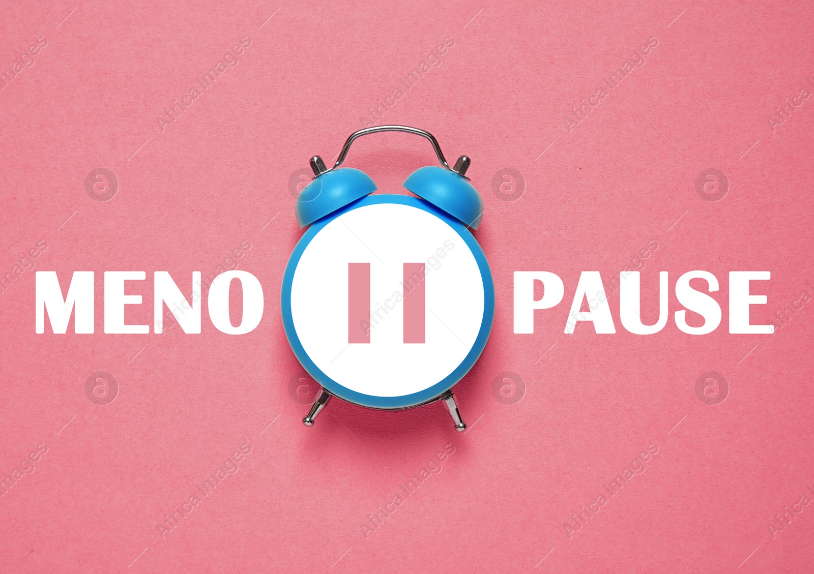 Image of Menopause word and alarm clock with pause symbol on coral background, top view